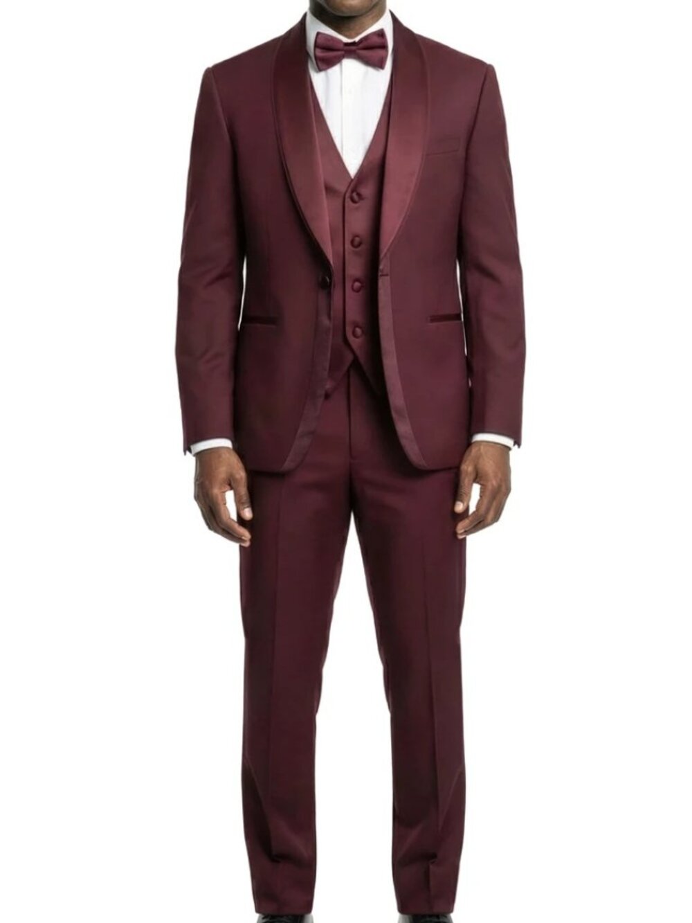Solid Burgundy Wide Satin Shawl Lapel 3 Piece Men's Skinny Fit Suit